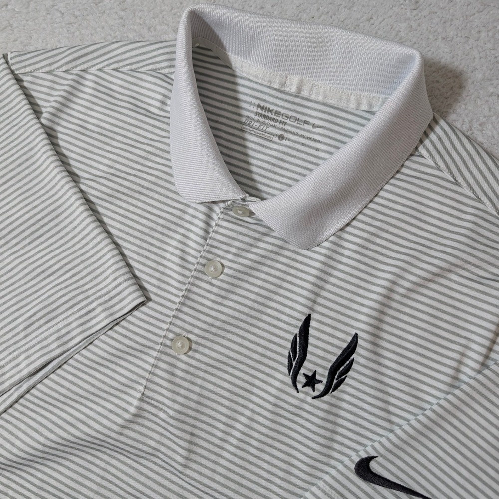 Nike Polo Shirt Mens L White Striped Dri-FIT S/S Air Force Golf Wing Star Logo‎